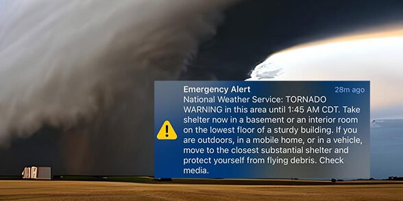 picture of a tornado alert app on top of a picture of a tornado