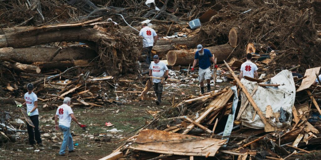 Volunteers among trees and debris in tornado alley US.