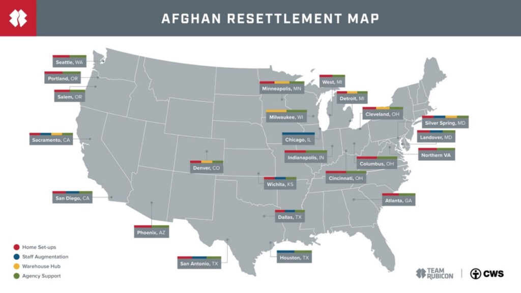 Map of U.S. showing refugee resettlement sites. 