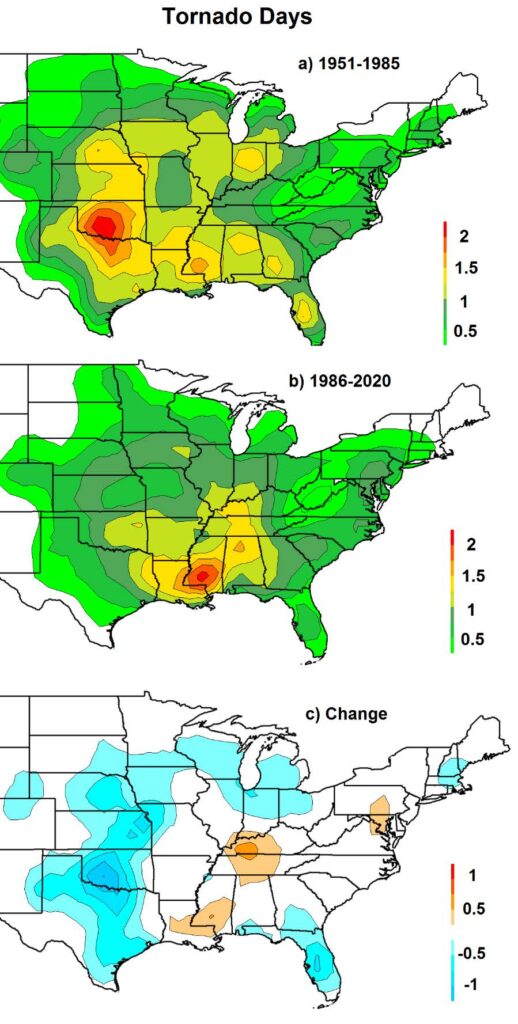 Graphic showing tornado alley us shifting east